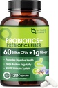 Probiotici per la salute digestiva delle donne e degli uomini con fibra prebiotica - Supplemento fibra con 60 miliardi di probiotici per regolarità e pulizia del fegato - Supporti costipazione occasionale - 120 capsule vegetali