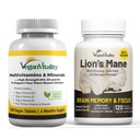 Vegan Vitality Brain Nutrition Bundle - Lions Mane Nootropic Capsules e Vegan Multivitaminici. Integratori basati su piante ad alta resistenza per la memoria e la messa a fuoco e la salute generale per vegani e vegetariani