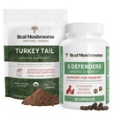 Real Mushrooms Turchia Tail Powder for Humans (45 Servings) & Turkey Tail for Pets (90ct) - Polvere e capsule Bundle per il supporto immunitario - Vegan, Non-GMO, Grain-Free, Gluten-Free