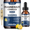 Magnesio Glycinate Gocce Liquide, Triplo Magnesio Complesso Supplemento con Citrato, Malate 500mg Ashwagandha, L-teanina, Vitamina B6 per il sonno, Calma, Stress Relief, Bone, Muscolo, Mood - Limone Flavor