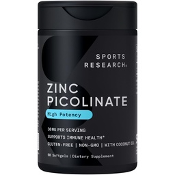 Sports Research® Zinc Picolinate 30mg w/Organic Coconut Oil, 90 Softgels