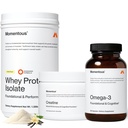 Momentous Tre - Polvere di Monoidrato di Creatina (30 Serve), Polvere di proteine del siero di erba-Fed (Vanilla) & Omega-3 Fish Oil 1600mg - Essentials giornalieri per la forza, le prestazioni e il recupero muscolare magra