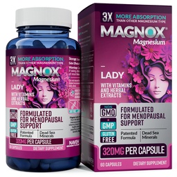 MAGNOX Lady Magnesium Supplemento | Menopause e PMS Support Supplemento per le donne | Magnesium Complex con vitamine B6, B1, B12, D, Zinc | Magnesio Morto ad alto assorbimento | 60 capsule
