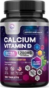 Calcium 1200 mg con vitamina D3, Integratore di calcio Vitamine, Bone, Teeth & Immune Health Support, Integratori di calcio con D per le donne e gli uomini, Carbonato di calcio assorbente della natura - 180 compresse