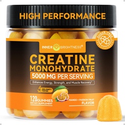 Creatina di luminosità interna Monoidrato Gummies per gli uomini e le donne 5000 mg, 3 ° partito testato, Creatina chews per la crescita del muscolo, resistenza & supporto energetico, senza zucchero, Vegan, 120 Conte, Mango Passionfruit