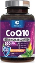 CoQ10 Softgels - Ultra High Absorption Coenzyme Q10 200mg Per Serving - Co Q 10 Softgel Integratore Con Pepe Nero, Energy & Heart Support Antiossidante - per Donne & Uomini, Bottigliato USA - 120 Softgels