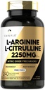 Carlyle L-Arginina L-Citrulline Supplemento | 2250mg | 240 capsule di polvere | Precursori di ossigeno nitrico | Forma libera | Non-GMO & Gluten Free