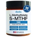 Vocks L Methylfolate 15mg 5-MTHF + Methyl B12 | Supplemento di metilefolato ad alta potenza | Vitamina di Folato metilato attivo B9 | Supplemento di follia MTHFR per le donne e gli uomini | 90 capsule