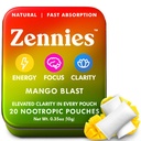 Zennies Caffeine Nootropic Pouches con Alpha GPC, L-Tyrosine & L-Theanine, Lion's Mane, Cordyceps, Reishi - Nicotine Free, No Sugar or Artificial Sweeteners Nootropic Energy Pouches, Mango Blast 1 PK