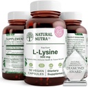 Natural Nutra L Lysine HCl, promuove la salute e la crescita del chino, supporta la salute della pelle, migliora l'assorbimento della vitamina C, aiuta il collagene costruito, migliora l'assorbimento del calcio, non OGM, Vegan, 500 mg, 50 capsule.