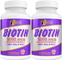 Sunshine Naturals Biotin Integratore alimentare. per Pelle più sana, Capelli Thicker, Crescita Unghie. Collage, vitamina A, B per la perdita dei capelli, bellezza, rinnovamento cellulare, salute della scala. 5000 mcg. 90 capsule. Confezione da 2