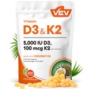 VEV Corefeel Vitamina D3 K2, 5000 IU D3 100mcg K2 (MK 7), 300 Softgels, 2-in-1 Vitamina D & K Supplemento con olio di cocco, Supporta l'assorbimento di calcio e la salute di ossa, Facile da ingoiare
