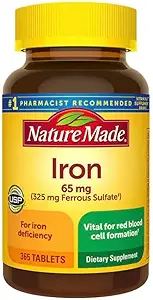 Nature Made Iron 65 mg 365 Compresse (325 mg Ferrous Sulfate), Integratore alimentare per il supporto delle cellule del sangue rosso, 365 compresse, 365 giorni di alimentazione- Bundled con guida nalkotSupliments
