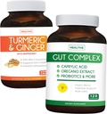 Salva $11 (23% Off) - Gut Balance Bundle - Gut Complex con acido Caprylic per il supporto probiotico e salute del fegato bilanciato (120 capsule) & Turmeric & Ginger con 95% Curcuminoids & Bioperine (90 capsule)