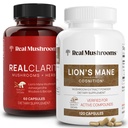 Real Mushrooms RealClarity (60ct) e Lions Mane (120ct) Capsule Bundle - Integratore di funghi per la salute del cervello, Clarity mentale, Focus, Cognizione e supporto immunitario - Vitamine cerebrali w/Ashwagandha