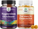 Bundle of Pure Magnesium Glycinate 400mg Per Serving for Mood Sleep and Relax and Turmeric Gummies for Adults Peach Flavor - Extra Strength Joint Support