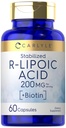 Carlyle R-Lipoic Acid 200mg | 60 capsule | RLA stabilizzato con Biotin | Non OGM, Gluten Free