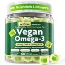 Vegan Omega 3 Gummies + Phospholipids, Astaxanthin, Vitamina D3, DHA 560mg & EPA 280mg, Fish-Free Algae Omega 3 Supplemento per adulti e bambini per cervello, occhio, pelle e salute generale, Zucchero libero, 60 Ct