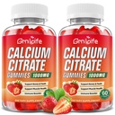 Citrato di calcio 2 Pack Gummies, Citrato di calcio libero da zucchero 1000mg per muscolo sano, assorbente supplementi di calcio per adulti e bambini, fragola, 120 conte