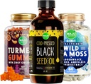 Maju Superfoods Black Seed olio, 4-in-1 Sea Moss capsule e curcuma curcuma Ginger Gummies Bundle
