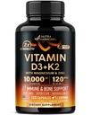 Vitamina D3 K2 - Vitamina D3 10000 iu & K2 come MK-7 120 mcg - Supporto Immune & Mood, per Bone & Denti Salute - con Magnesio, Zinc & Vitamina C & B12 - Altamente Biodisponibile - Made in USA, 120 Capsule