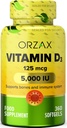 ORZAX Vitamina D3 5000 iu (125 mcg) – Non OGM, Gluten Free, Sugar Free, Dairy Free – 1 anno di fornitura per una forte funzione muscolare e supporto immunitario – Integratore per il benessere (360 Softgel)