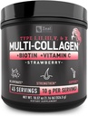 Polvere proteica multi collagene Premium (1, 2, 3, 5 & 10) con vitamina C, Biotina, Acido ialuronico, per la pelle e le unghie dei capelli - Marine, Bovine, Pollo e Uova (Strawberry, 45 Servings)