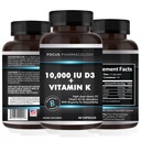 Vitamina K2 con D3 Extra Forza Supplemento Bone | Salute Del Cuore Formula 10.000 IU Vitamina D3 & 200 mcg Vitamina K2 (MK7) | Facile da ingoiare Vitamina K & D, 60 capsule