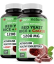 Riso di lievito rosso 1200 mg capsule con CoQ10 - Mantenere livelli di colesterolo sano, Herbal Heart Health Vegan Red Yeast Rice Supplement - Lievito di riso rosso con CoQ10 per le donne e gli uomini - 120 Ct (2-Pack)