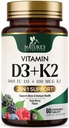 Vitamina D3 K2 Supplemento | 5000 IU D3 + K2 100 mcg | MK-7 K2 con vitamina D | Supporti Immune, Cuore, Teeth & Bone Salute - La natura è facile da masticare, VIT D3 K2, Non-OGM, Tasty Berry Flavor - 60 compresse
