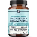 Magnesio Ashwagandha | Integratore di Magnesio Calmante per Adulti | Relax, Resto, Calma Mood & Sleep Support | Mag Citrate & Oxide 400 mg + Ashwagandha 500 mg | Muscle Health & Stress Relief | 120 Ct