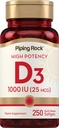 Piping Rock Vitamin D3 1000IU | Alta potenza (25 mcg) | 250 Softgels | Non OGM, Gluten Free Supplement