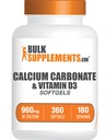BulkSupplements.com Carbonato di calcio & Vitamina D3 Softgels - Calcio e vitamina D3, Calcio e D3 Supplemento per il supporto immunitario - Gluten Free, 2 Softgels per Serving, 360 Count (Pack of 1)