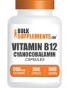 BulkSupplements.com Vitamina B12 Capsule - come Cyanocobalamin, Vitamina B, Vitamina B12 200 mcg - Vitamine Energetiche, Gluten Free, 1 Capsule per Serving, 500 Capsule (Pack of 1)