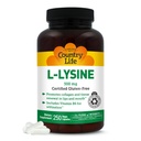 Country Life L-Lysine 500mg con B-6, Supporta la salute immunitaria, Promuove il rinnovo del collagene in labbra e bocca, 250 capsule vegane, senza glutine certificato, Vegan