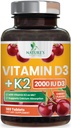 Vitamina D3 K2 2000 IU Plus con K2 (MK-7) 75 mcg - Vitamine D & K supplemento complesso per ossa, denti, muscolo, assorbimento di calcio, Supporti Immune & salute del cuore, Formula non OGM - 180 compresse