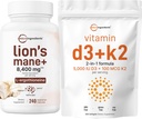 Micro ingredienti Vitamina D3 5000iu + K2 100mcg Softgels & Lions Mane Supplemento 240 capsule vegetali Bundle 2 Pack | Vitamine di sole essenziali | Antiossidanti superfood Mushroom con L-Ergothioneine