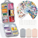 3 Pack 14 Grids Travel Pill Organizer Box con 415-Pcs nome di medicina Etichette - Pocket Daily Pharmacy Case Container Kit - Dispenser del supporto di viaggio per la conservazione della vitamina di olio di pesce