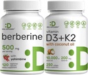 Vitamina D3 10.000iu + K2 200mcg Softgels & Berberine Supplemento con Yohimbine Bundle – Vitamine essenziali del sole con olio di cocco – Forma HCl cloridrato ad alto assorbimento