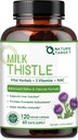 NATURA TARGET Latte supplemento di cardo per la pulizia del fegato Detox & riparazione, supplemento di supporto con 350mg di 30:1 Estratto di cardo del latte Equivalente a 10500mg, 120 capsule di verdure (alimentazione di 60 giorni)