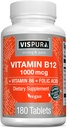 VISPURA Vitamina B12 1000 mcg Methylcobalamin + B6/acido folico, 180 compresse vegane, miglior integratore per aumentare l'energia, migliorare l'umore, affilare il fuoco*, supplemento organico