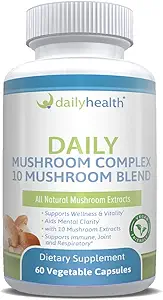 Daily Health 10 Mushroom Blend Complex 60 capsule Cordyceps, Reishi, Shiitake, Lions Mane, Maitake, Tail Turchia, Chaga, Agaricus, Pulsante bianco, Fungus nero, Vegan Friendly (1 mese di fornitura)