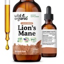 Wild & Organic Lions Mane Liquid Drops - Focus & Brain Support - Lions Mane Supplement - Hericium Erinaceus Mushroom Extract Tincture - Vegan, Alcol & Sugar-Free - 2 fl oz