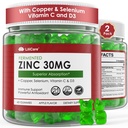 Zinc Gummies + Rame, Selenio, Vitamina C & D3, Integratori di zinco fermentati per le donne e gli uomini con il mirtillo per il supporto immunitario giornaliero, Antiossidante potente, ad alto assorbimento, Vegan, Sugar Free, 2 Pack