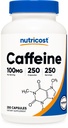 Pillole di caffeina di Nutricost 100mg per servizio, 250 capsule