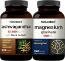 NatureBell Magnesium Glycinate Capsule 500mg & Ashwagandha 12.500 mg Equivalente con Black Pepper Bundle Pack | Minerali chelati e purificati | Adaptogens Supplements for Relaxation