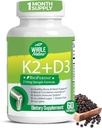 K2 D3 Integratore di vitamina con BioPerine - Vegan Calcium con Vitamine K e D - Advanced D3K2 VIT 5000 IU - 60 Vegan D3 Plus K2 MK-7 capsule nutrizionali complessi per la salute di cuore e ossa (1