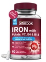 Supplemento di ferro per le donne e gli uomini, Bisglycinate di ferro con vitamina C, B6, B12, Folate, Amichevole di Stomach, Non-Constipating, Sangue & Energy Boost, 60 Caps Vegan