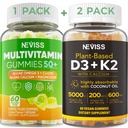 NEVISS 50+ Alga Multivitamina Algae Omega 3 & Calcium, CoQ10, Magnesio + Vitamina D3 5000IU Gummies 125mcg con Calcio 600mg, K2(MK7) 200mcg