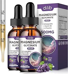 (2 Confezione) Magnesio Glycinate Gocce Liquide 500mg, con Vitamina B6, Ashwagandha, L - Theanine, Camomilla, Magnesio Glycinate Supplemento Alto assorbimento per il sonno, Stress, Energy Mood - Grasso